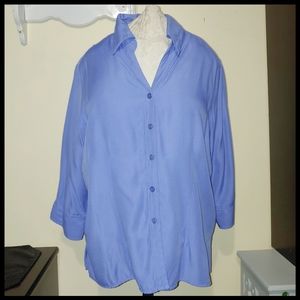 Blue 3/4 Length Sleeve Button Down Blouse